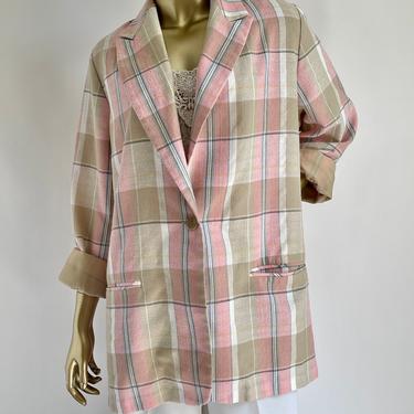 1980's Oversized Plaid Linen Look Blazer Fits M - XXL Pink Tan and Blue 