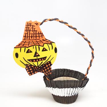 Vintage Diecut Jack-o-lantern Halloween Party Favor Basket, Orange Black Paper Candy Container, Scarecrow 