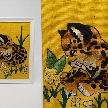 Vintage Seventies Crewel Embroidered Cross-stitch Needlepoint Baby Leopard Framed Wall Art - 70s Yellow Kid's Nursery Room Décor 