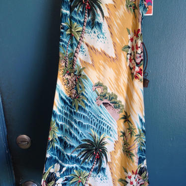 Vintage 80s 90s Rayon Hawaiian Print Tropical Island Vacation Dress Sleeveless Guitar Ukulele Palm Trees Beach Ocean Waves Floral Flowers by InAFeverDream