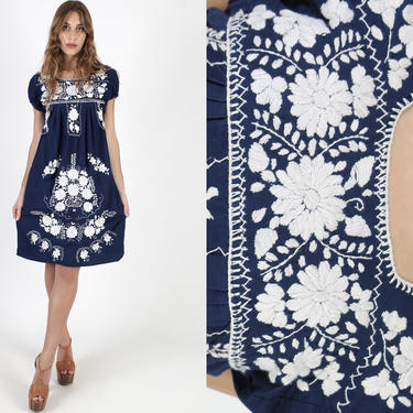 Navy Blue Mexican Dress Hand Embroidered Dress White Cotton Puff Sleeve Boho Festival Dress Vintage Floral Fiesta Party Womens Mini Dress 