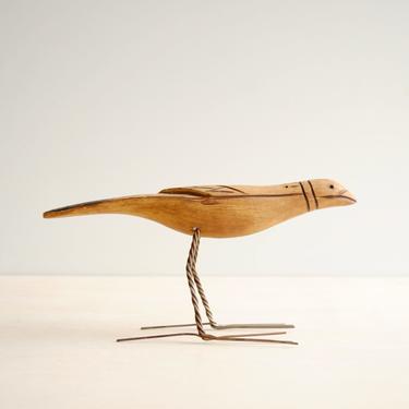 Vintage Hand Carved Wood Bird Figurine, Wooden Bird Statue with Wire Legs 