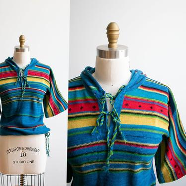 Blue 70s Hooded Sweatshirt / Vintage Knit Hooded Pullover / 1970s Hooded Pullover / Vintage 70s Hooded Sweater / 70s  Bell Sleeve Sweater 