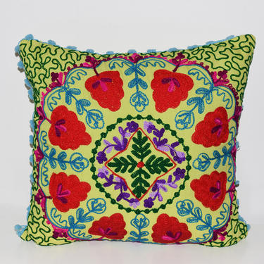 Suzani Embroidered Pillow, Suzani Embroidery Cushion Cover, Green Pillow Cover, Colorful Embroidered Pillow, Hand Embroidery, Pom Poms 