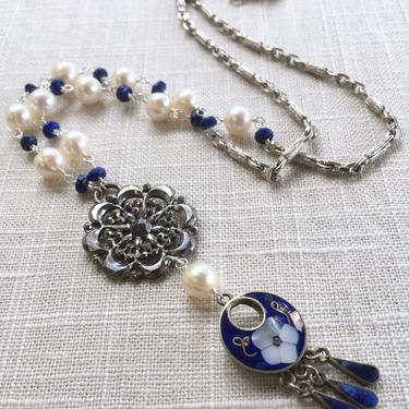 After Moonrise [assemblage necklace: vintage inlay pendant, vintage cut steel, lapis, freshwater pearl, vintage chain] 