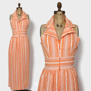 Vintage 70s Halter DRESS / 1970s Peach &amp; White Seersucker Cotton Maxi Dress by luckyvintageseattle