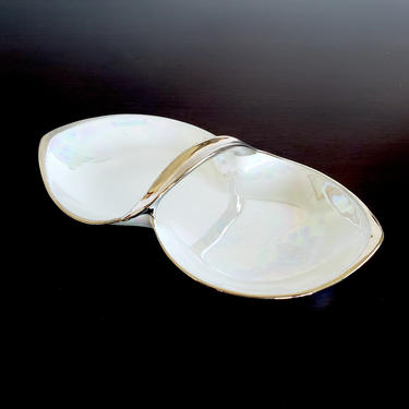 Vintage Art Deco Lusterware Dish, Iridescent White Porcelain with Platinum Trim, Minimalist Geometric Design 