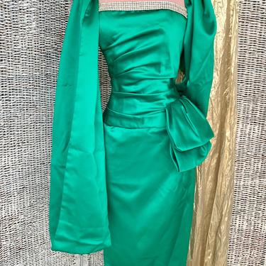 Emerald Green Strapless Bustier Dress, Matching Wrap Stole, Ruched, Rhinestones, Side Bow, Cocktail Evening, Vintage 80s Sexy 