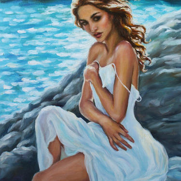 Figurative Painting, Female Figure, Woman in White Dress, Beautiful Woman Portrait, Original Oil Painting, Romantic Art, Beach Art, 16x12 