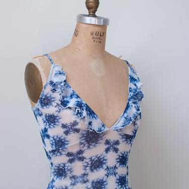 1990s Vivienne Tam Floral Print Mesh Dress / 90s Bodycon Slip Dress 