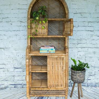 SHIPPING NOT FREE!!! Vintage Rattan Cabinet/ Wicker Hutch/Etagere Shelving Cabinet/Bookcase 