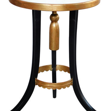 Stylish French 1940s Ebonized and Giltwood Circular Tripod Drinks Table with Mirrored Top