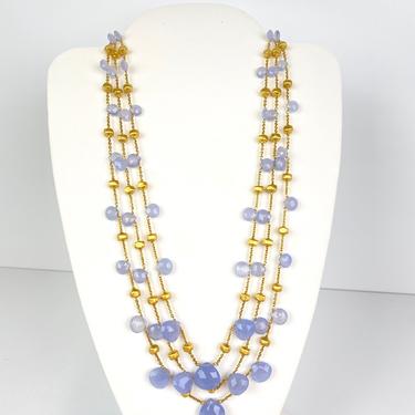 Marco Bicego Gorgeous 18k Yellow Gold Blue Chalcedony 3 Strand Necklace Signed 