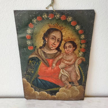 Antique Mexican Hand Painted Oil On Tin  Votive Retablo, Spanish Colonial Polychrome Religious Folk Art Devotional Offering 