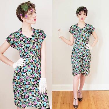 1940s Rayon Print Cocktail Dress / 40s Colorful Floral Pattern Letters Envelopes Novelty Print Short Sleeved Dress / S / Mariella 