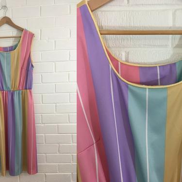 Vintage Rainbow Pastel Striped Dress 1980s Pink Purple Yellow 80s Sleeveless Tank Elastic Waist Women's XL XXL Plus Curvy Volup 