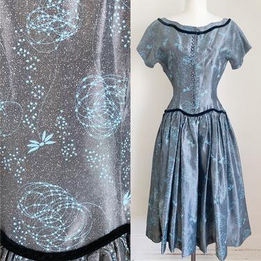 Vintage 1950s Silver & Blue Floral Party Dress / XS 