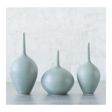 SHIPS NOW- set of 3 small stoneware ceramic bottle vases in blue green matte glaze by sara paloma 