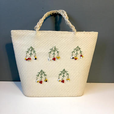 Woven raffia or flax beach tote bag - made in Japan - 1960s vintage 