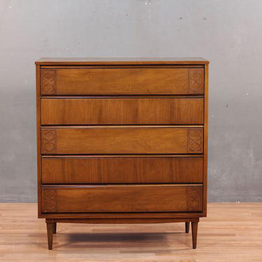 Mid Century Accented Walnut 5-Drawer Highboy Dresser