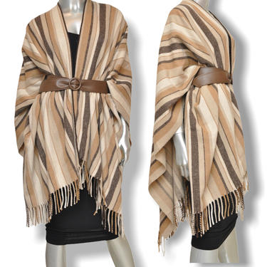 Vintage Beige Brown Neutral Winter Cape Shawl Wrap Striped Poncho Wool Blend Fringe 