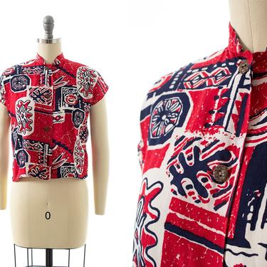 Vintage 1950s Blouse | 50s Hawaiian Tiki Tropical Novelty Print Cotton Red Button Up Short Sleeve Top (x-small/small) 