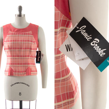 Vintage 1980s Top | 80s Deadstock with Tags Pink Plaid Button Back Sleeveless Blouse (medium) 