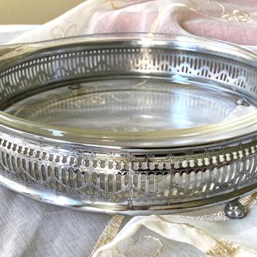 Silver Serving Dish Tray with Glass Insert by Fire King 