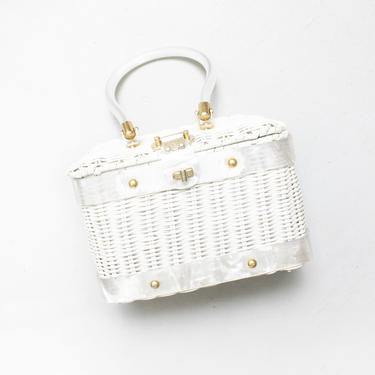 Vintage Basket Purse 1950s White Vinyl Woven Wicker Lucite Top Handle Bag 50s 