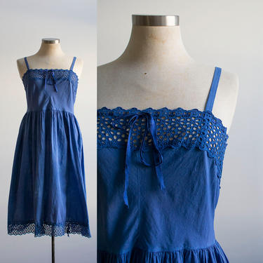 Vintage 1940s Cotton Dress / Vintage Under Dress / Vintage Slip Dress / Cotton Slip Dress / Cotton Eyelet Dress / Indigo Blue Dyed Dress S 