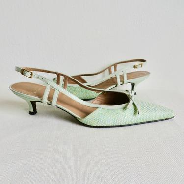 Vintage Size 9.5 Mint Green Leather and Canvas 1960's Mod Style Slingback Kitten Heel Shoes Bow Trim Pointy Toes Stuart Weitzman 
