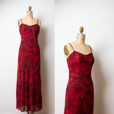 1990s Rose Print Dress / 90s Bias Cut Slip Dress 