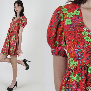 Vintage 70s Bright Neon Floral Dress / Red Mod Scooter Disco Dress / Short Psychedelic Puff Sleeve Mini Dress 