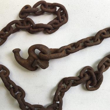 Vintage Rusty Chain With Hook, Forged Chain, Farmhouse Garden Tool, Industrial Chain Heavy Duty, Halloween Decor 