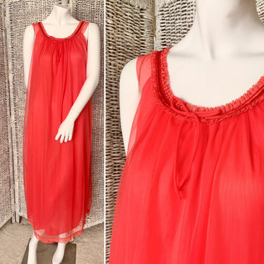 Sexy Red Nightie, Sheer Chiffon Night Gown, Negligee, Lace, Nylon, Vintage 50s 60s 
