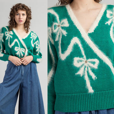 80s Beaded Bow Angora Cropped Sweater - Large | Vintage Green & White Pullover Jumper 