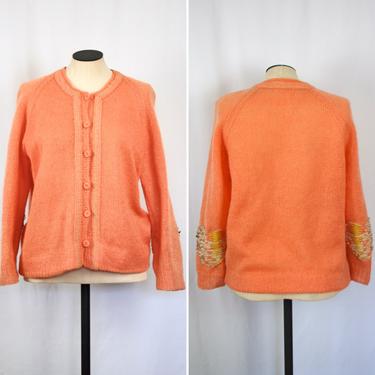 Vintage 50s Cardigan | Vintage sorbet  knit cardigan | 1950's Sherbet orange patch jumper sweater 