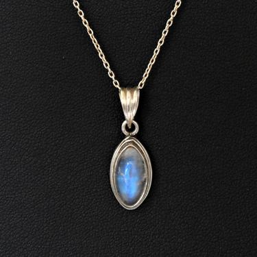 70's sterling blue flash moonstone simple mystic hippie pendant, lovely pointed oval moonstone 925 silver minimalist bling necklace 