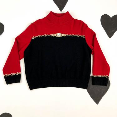 80s / 90s St. John Heart and Clock Knit Sweater / Red and Black / Gold / Lurex / Watch / Medium / Santana Knit / Marie Gray / Novelty / 