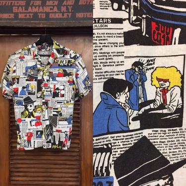 Vintage 1980’s Detective Comic Cartoon Print New Wave Shirt, Pop Art, Newspaper Print, Vintage Clothing 