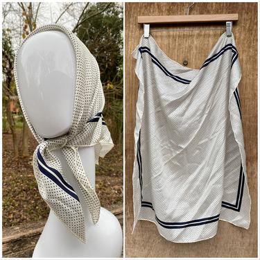 Vtg 70s Echo White Navy Polka Dot Silk Scarf / Silk Handkerchief Scarf Ascot / O/s 