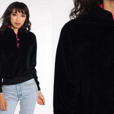 80s Velour Sweatshirt Black Sweater Slouchy Pullover Shirt Mandarin Collar Button up 1980s Sweatshirt Small Medium 