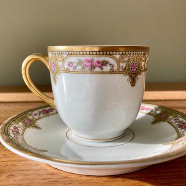 Vignaud Limoges Demitasse Tea Cup and Saucer Gold and Pink 