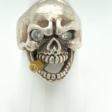 Vintage Sterling Silver Skull Ring 10kt Gold Cigar Rhinestone Eyes Mens Sz 8.75 