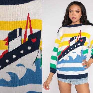 Nautical Boat Sweater 90s Knit White Striped Sweater Boatneck Vintage Ship Graphic Novelty Slouchy Sailor Statement Boat Neck 1990s Large L 