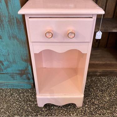 Glossy pink nightstand, awesome knobs. 15” x 12.5” x 27.5”