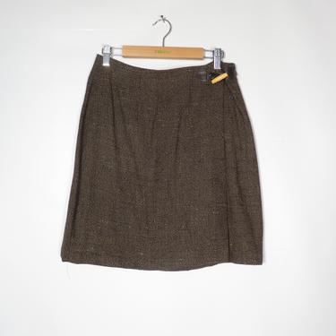 Vintage 80s High Waist Brown Tweed Wood Toggle Mini Wrap Skirt Made In USA Size 28 Waist 