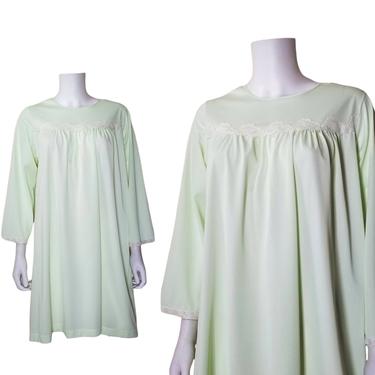Vintage Mod Nightgown, Medium / Lime Green House Dress / Pastel Nylon Housecoat / Vintage Loungewear Pajamas / 1960s Mod Nylon Peignoir 