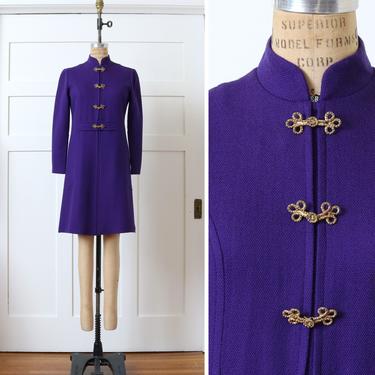 vintage 1960s purple mod dress • wool long sleeve dress with swirled gold buttons 