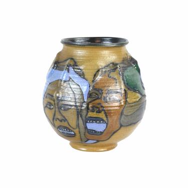 Vintage Mid-Century Modern Pottery Vase Screaming Faces with Man in Sunglasses 